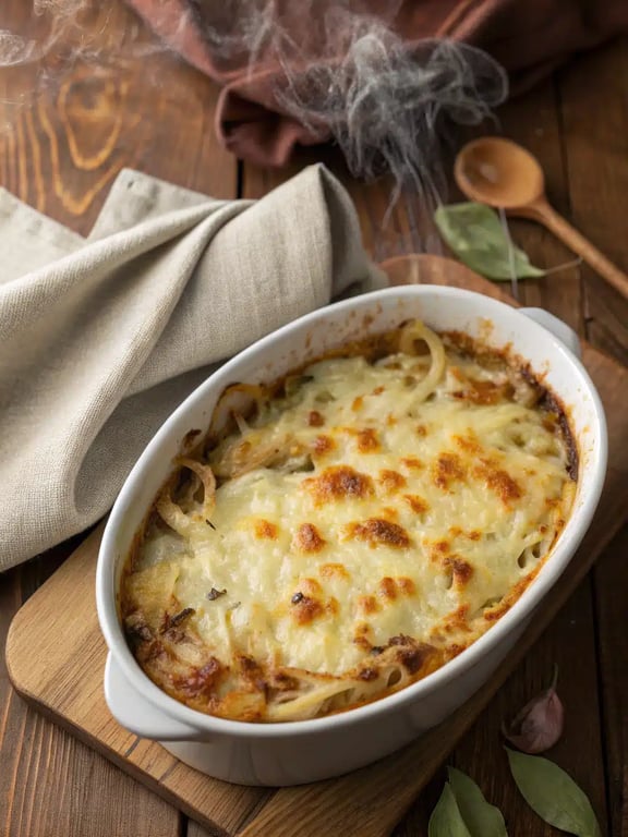 French onion casserole served on a plate with a side salad