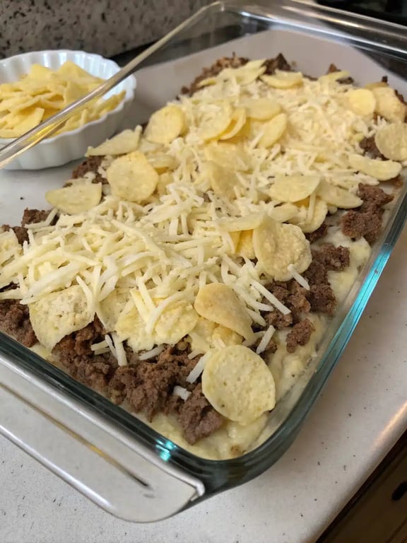 Final step for hamburger hashbrown casserole — plated and ready