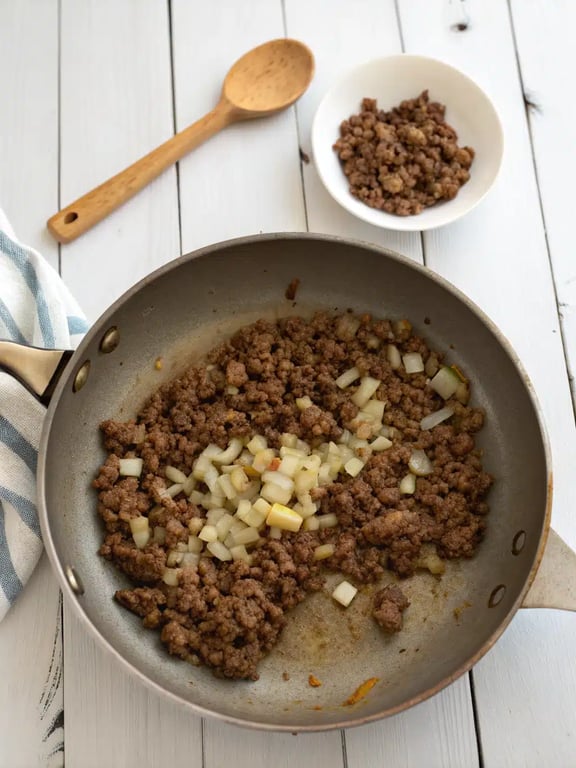 Cooking ground beef and onions in a skillet for hamburger rice casserole
