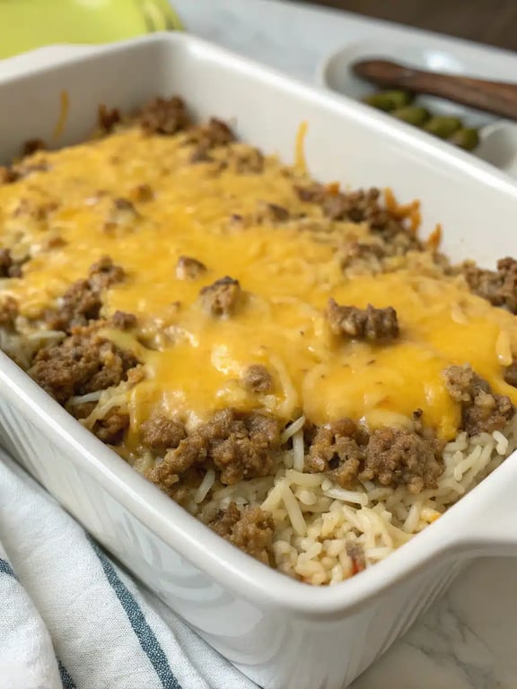 A beautifully plated serving of hamburger rice casserole next to a fresh green salad