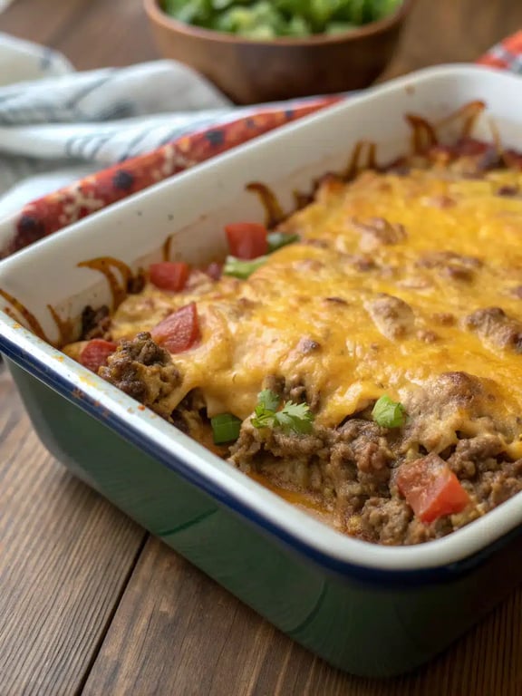 low carb taco casserole plated with a fresh side salad