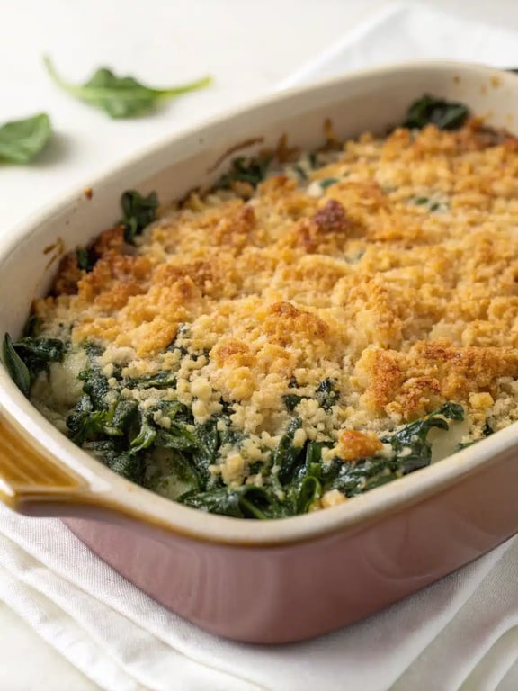 spinach casserole recipe served on a plate with roasted chicken and salad