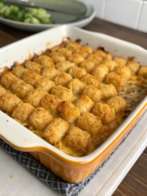 tater tot casserole served with fresh salad and vegetables