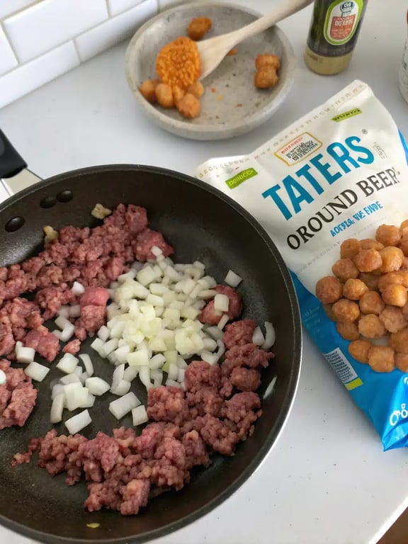 tater tot casserole recipe — step 2 Step 2 for tater tot casserole recipe — process in progress