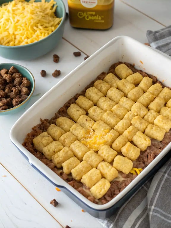 tater tot casserole recipe — final step Final step for tater tot casserole recipe — plated and ready