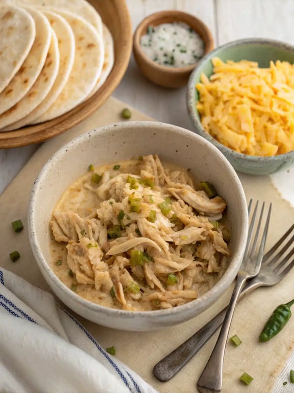 Pouring creamy green chile sauce over layered tortillas and chicken for white chicken enchilada casserole