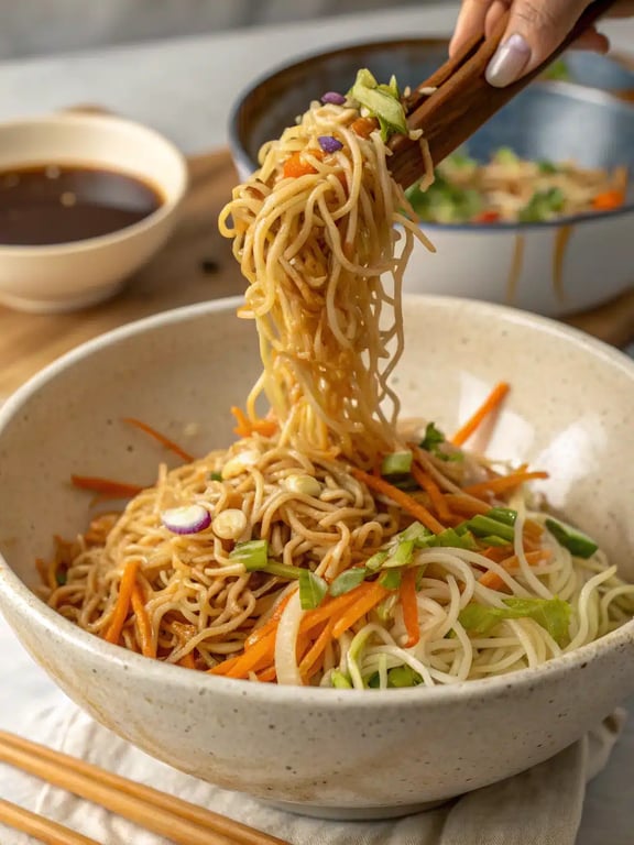 Step 4 for Asian ramen noodle salad — tossing noodles and vegetables with dressing