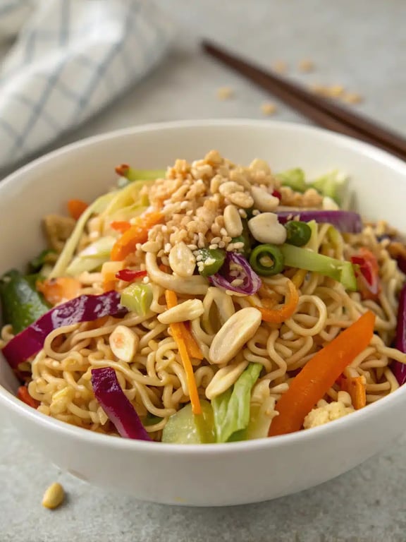Asian ramen noodle salad beautifully plated on a large platter for a gathering