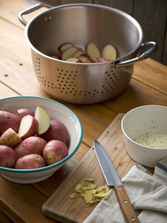 Whisking the balsamic vinaigrette dressing for the potato salad in a small bowl
