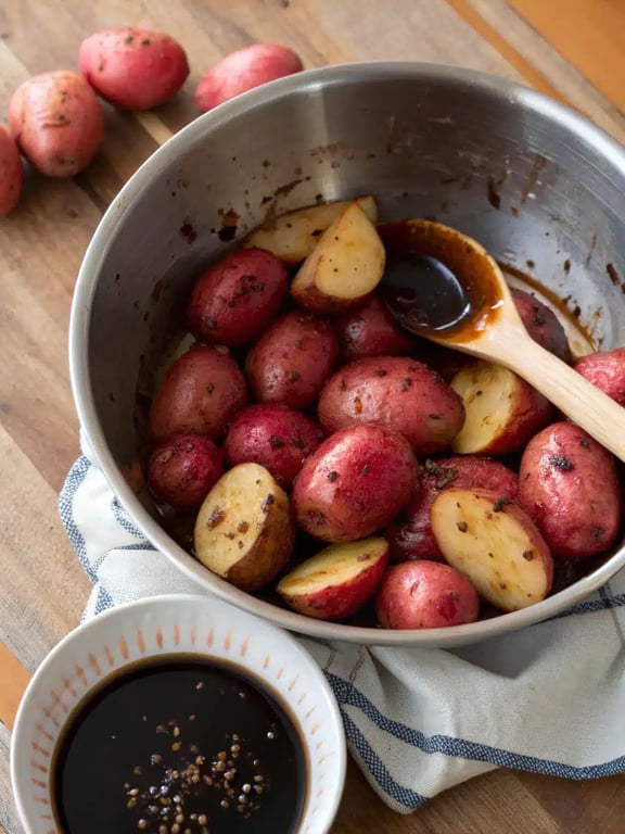 Finished balsamic potato salad garnished with parsley, ready to be served