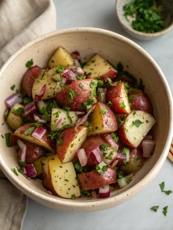 Balsamic potato salad served on a platter alongside grilled chicken and vegetables
