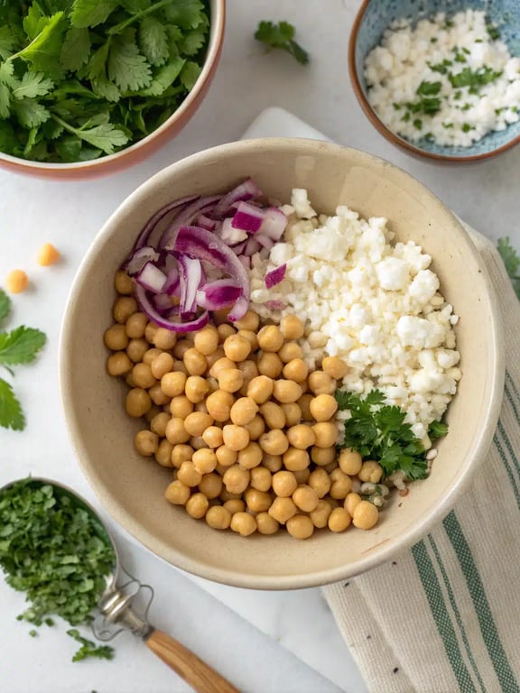 Step 2 for chickpea feta salad — process in progress