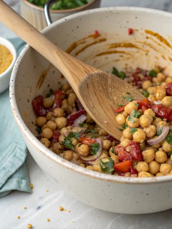 Final step for chickpea feta salad — plated and ready