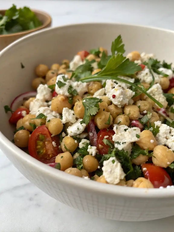 chickpea feta salad beautifully plated with pita bread and olives