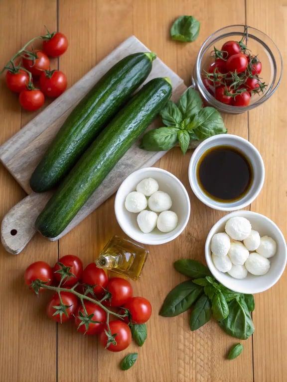 cucumber caprese salad ingredients cucumber caprese salad ingredients arranged on the counter