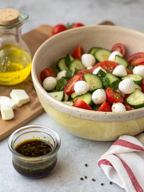 cucumber caprese salad — step 4 Step 4 for cucumber caprese salad — texture check