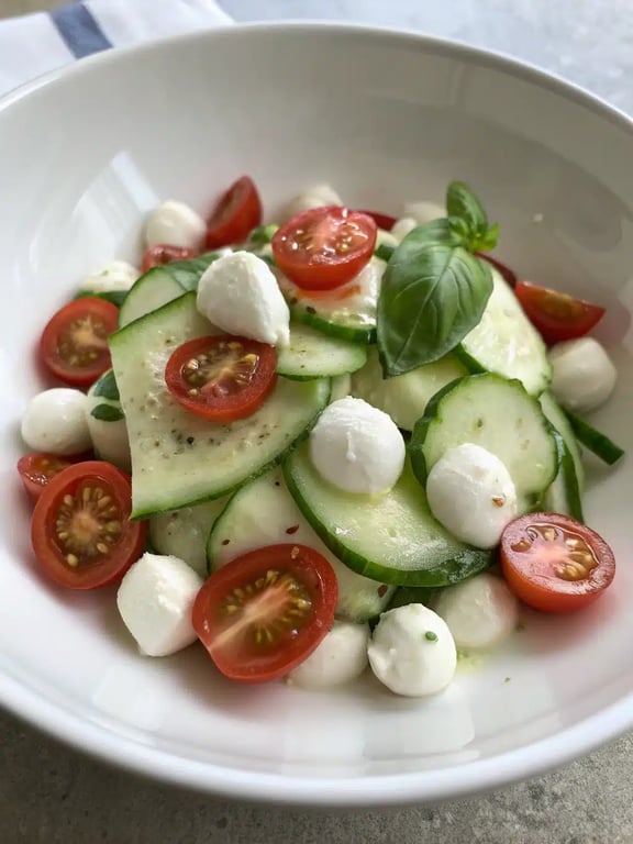 cucumber caprese salad serving suggestion cucumber caprese salad beautifully plated with grilled chicken