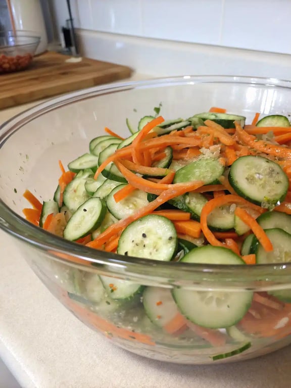 cucumber carrot salad — final step Final step for cucumber carrot salad — plated and ready