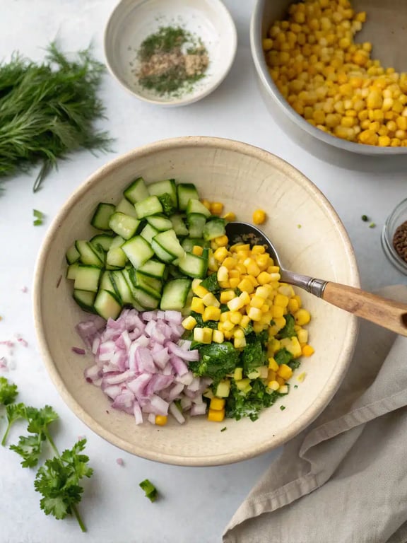 Step 4 for cucumber corn salad — texture check