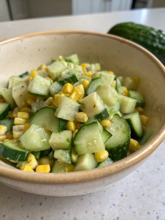 cucumber corn salad beautifully plated with grilled chicken and fresh herbs