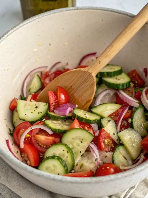 Cucumber tomato salad resting in a bowl, allowing flavors to combine