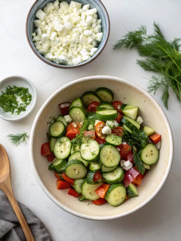 Final plated cucumber tomato salad with feta cheese, ready to serve