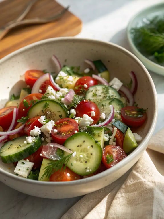 A platter of cucumber tomato salad served alongside grilled chicken and corn