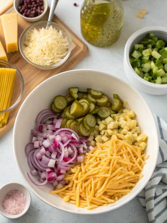 A finished bowl of dill pickle pasta salad, garnished with fresh dill, ready to serve