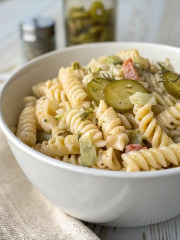 dill pickle pasta salad served on a picnic table alongside grilled foods