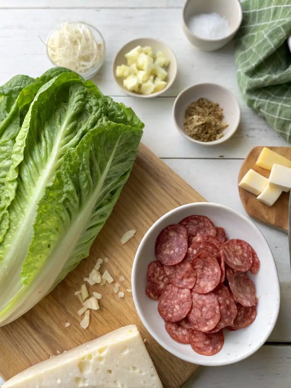 Italian chopped salad ingredients Italian chopped salad ingredients arranged on the counter