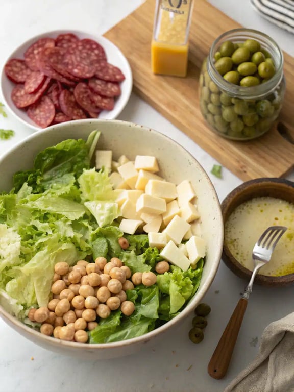 Italian chopped salad — step 4 Step 4 for Italian chopped salad — tossing the salad with dressing