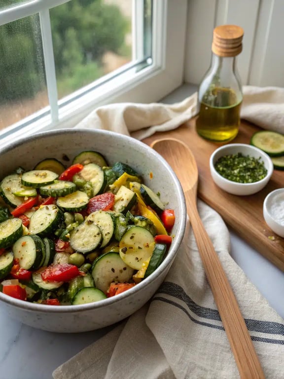 Final step for marinated vegetable salad recipe — plated and ready