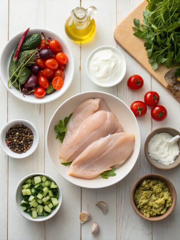 Mediterranean chicken salad ingredients Mediterranean chicken salad ingredients arranged on the counter