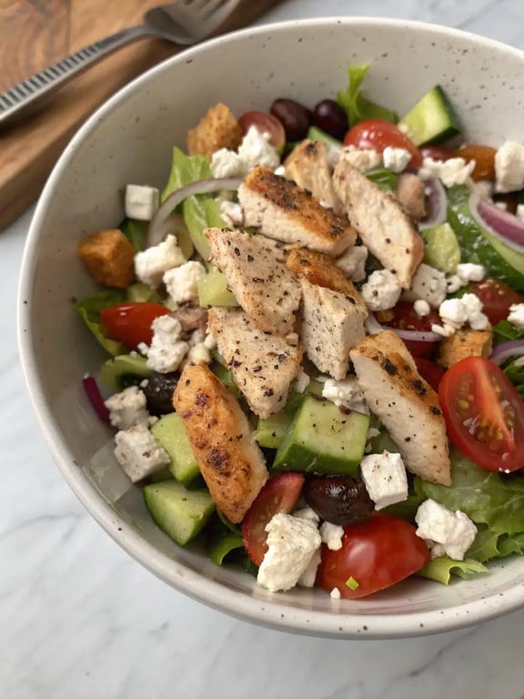 A beautifully plated Mediterranean chicken salad with pita bread and lemon wedges on the side