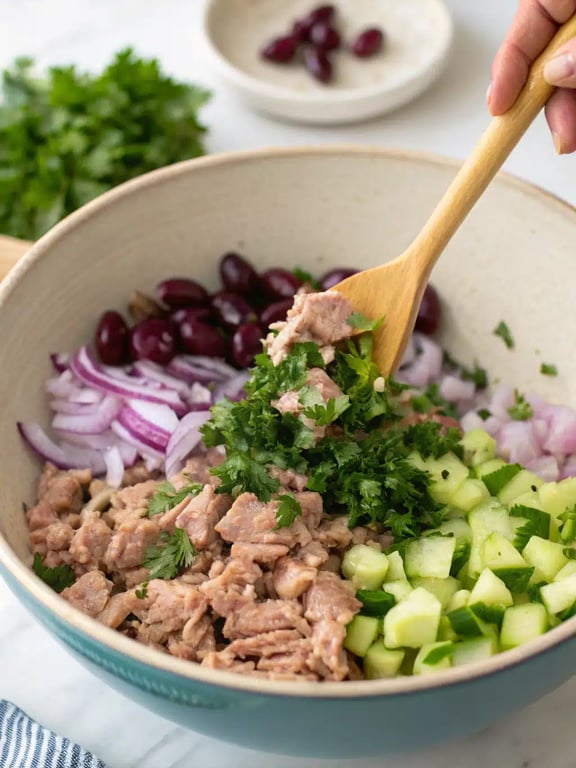 Final step for Mediterranean tuna salad — plated in a lettuce cup and ready to eat