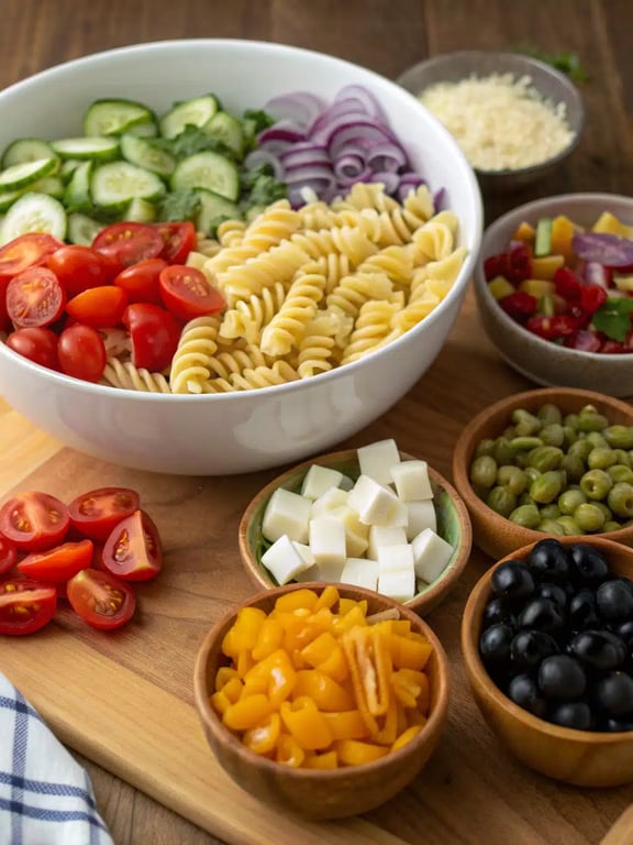 Final step for pasta salad recipe — colorful pasta salad plated and ready to serve