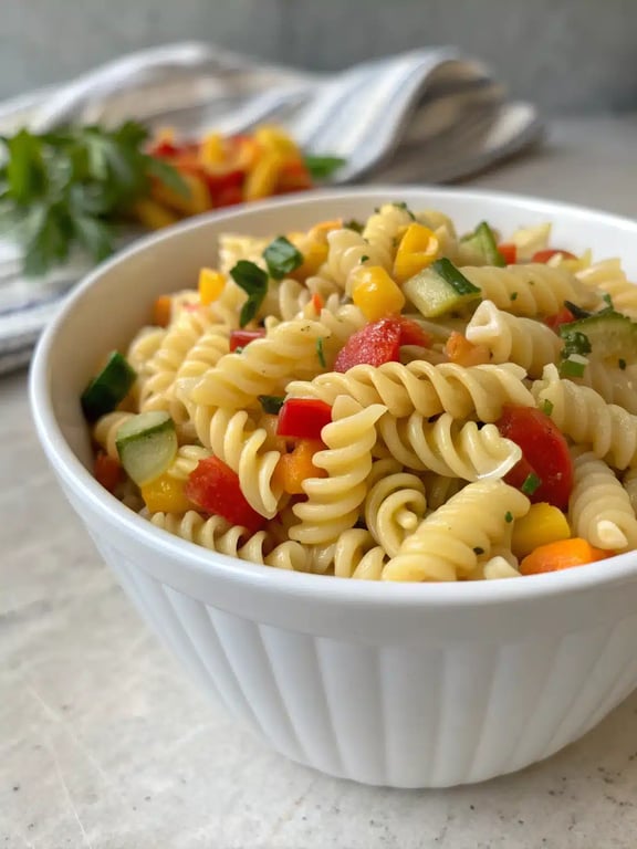 pasta salad recipe beautifully presented on a picnic table with other summer dishes