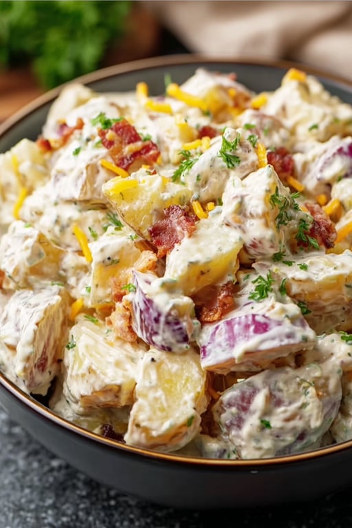 Creamy Potato Salad with Turkey Bacon and Cheddar