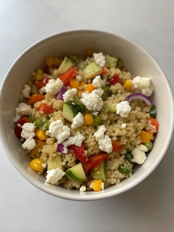 quinoa salad recipe beautifully plated with grilled chicken on the side