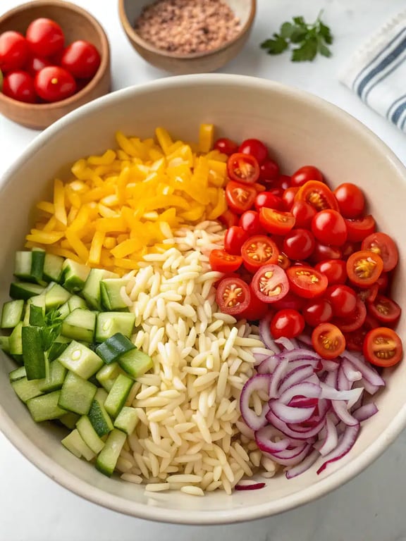 Final step for rainbow orzo salad — beautifully plated in a bowl, ready to eat