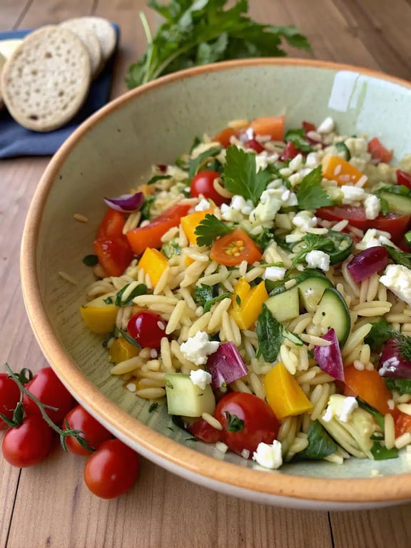 A beautifully arranged platter of rainbow orzo salad at a picnic table with other dishes
