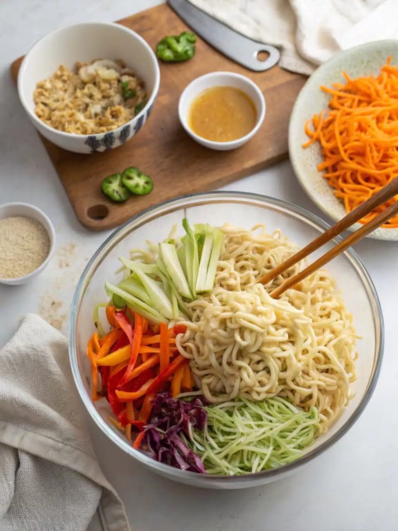 Tossing the ramen noodle salad to coat everything in the sesame dressing