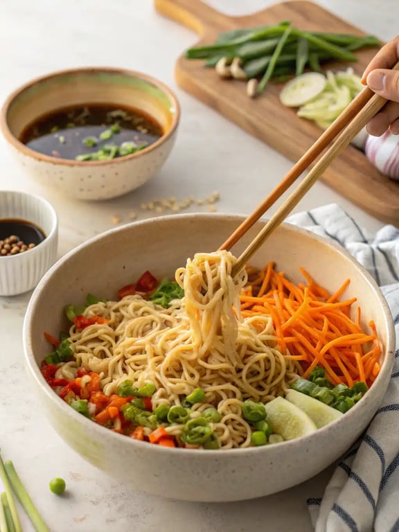 A beautifully plated bowl of finished ramen noodle salad, garnished with green onions and sesame seeds