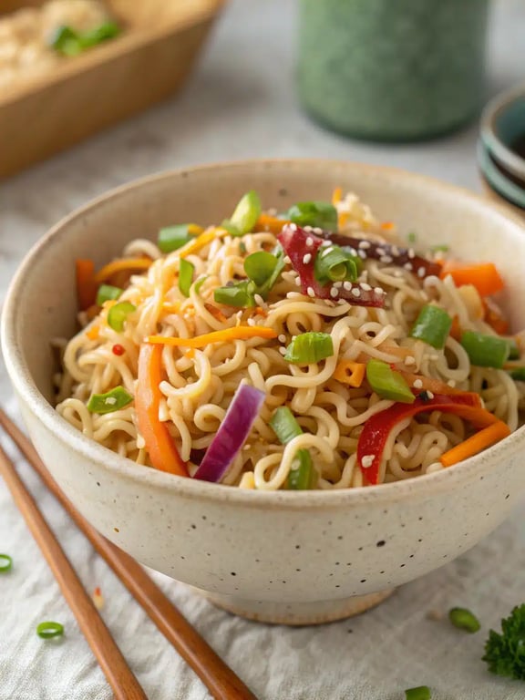 A beautifully arranged platter of ramen noodle salad alongside grilled chicken and fresh herbs