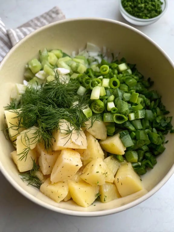 The final plated salt vinegar potato salad, garnished with extra dill, ready to serve
