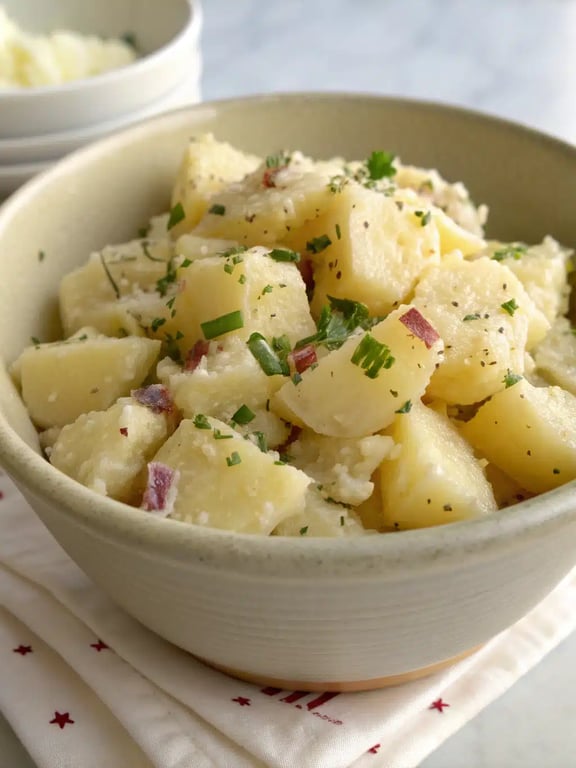 salt vinegar potato salad served on a picnic table alongside grilled chicken and corn on the cob