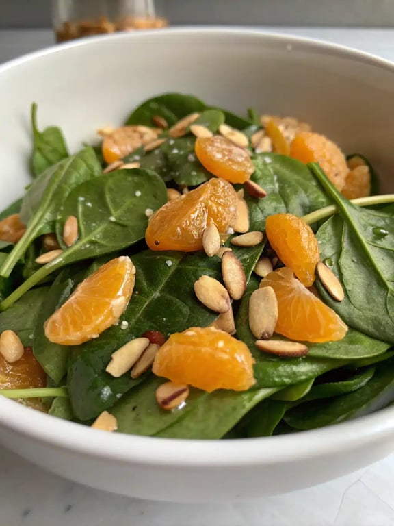 Spinach mandarin salad beautifully plated on a large white platter alongside grilled chicken