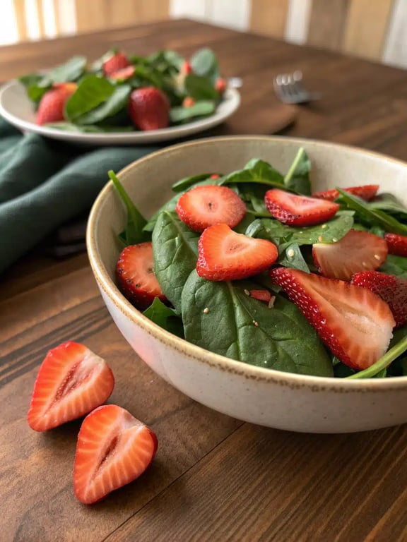 A beautifully plated strawberry spinach salad served alongside grilled chicken