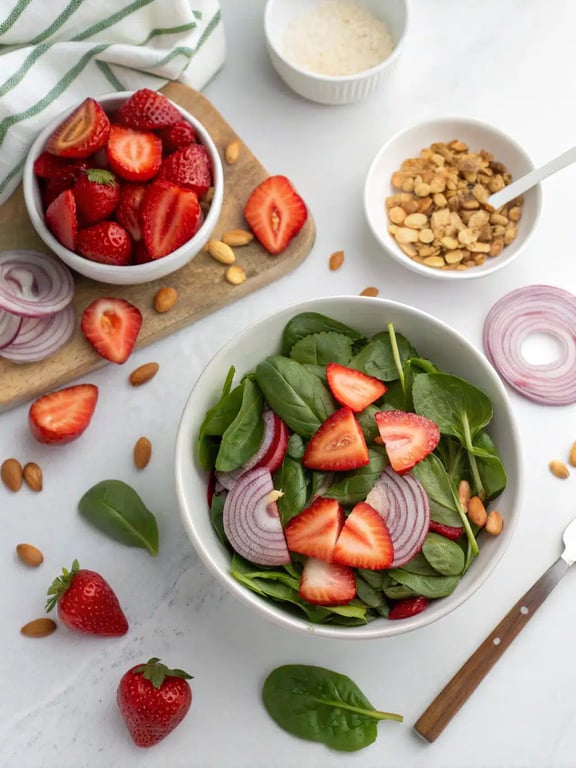 Gently tossing the strawberry spinach salad with dressing in a large bowl