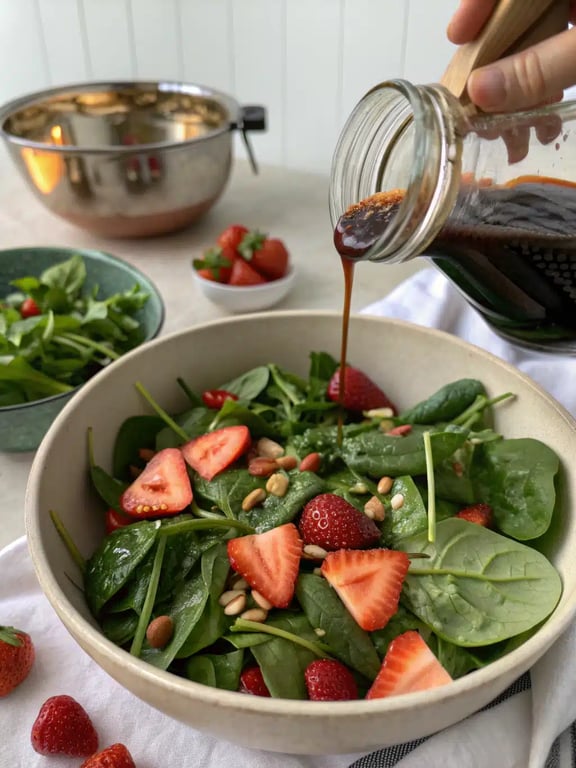 The finished strawberry spinach salad plated, ready to eat with feta cheese on top